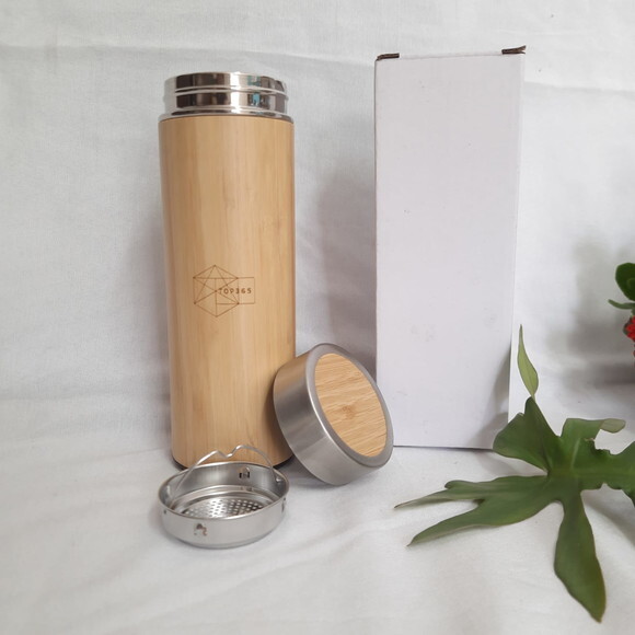 Garrafa Térmica Inox com Bambu -430 ml - 94683 - Personaliza