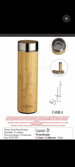 Garrafa Térmica Inox com Bambu -430 ml - 94683 - Personaliza