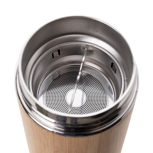 Garrafa Térmica Inox com Bambu -430 ml - 94683 - Personaliza