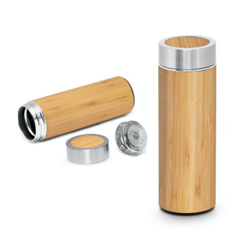 Garrafa Térmica Inox com Bambu -430 ml - 94683 - Personaliza