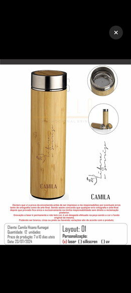 Garrafa Térmica Inox com Bambu -430 ml - 94683 - Personaliza