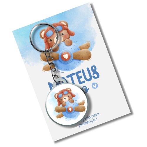 Chaveiro Personzalizado Ursinho Aviador + card e embalagem * adesivado
