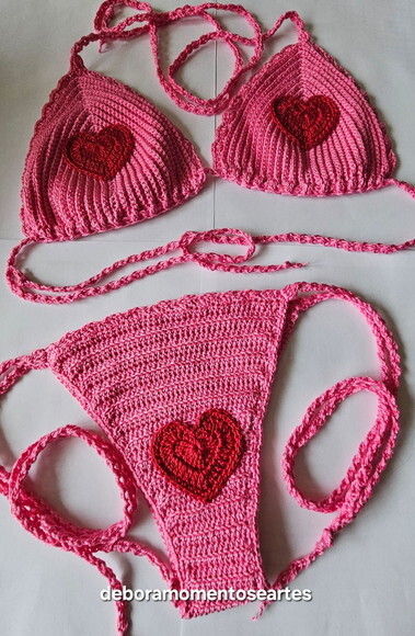 Biquini de Crochê Coração Conjunto