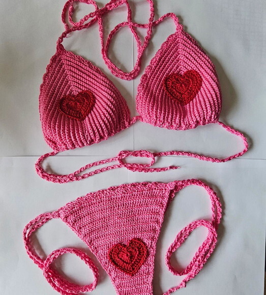 Biquini de Crochê Coração Conjunto