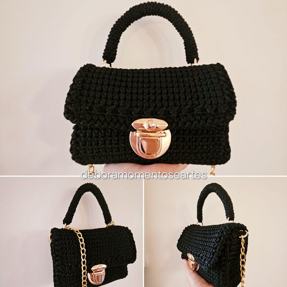 Bolsa de Crochê com Aba Tictac Mão/transversal