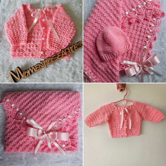 Conjunto Bebê de Croche Manta,touca e Casaquinho