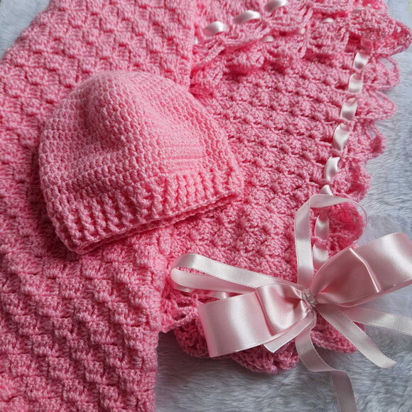 Conjunto Bebê de Croche Manta,touca e Casaquinho