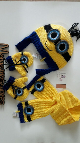 Conjunto de Crochê Infantil Touca, Luva e Cachecol Minions