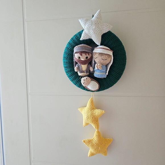 Guirlanda de Natal Amigurumi Sagrada Familia Estrela Brilha