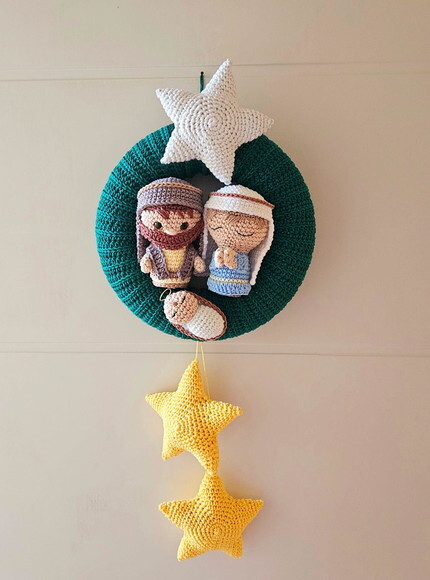 Guirlanda de Natal Amigurumi Sagrada Familia Estrela Brilha