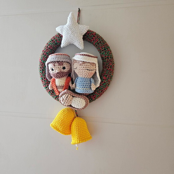 Guirlanda de Natal Amigurumi Sagrada Familia Estrela Brilha