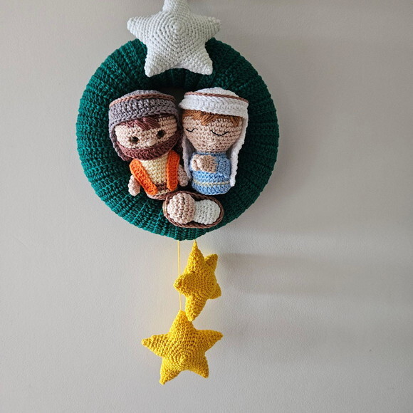 Guirlanda de Natal Amigurumi Sagrada Familia Estrela Brilha