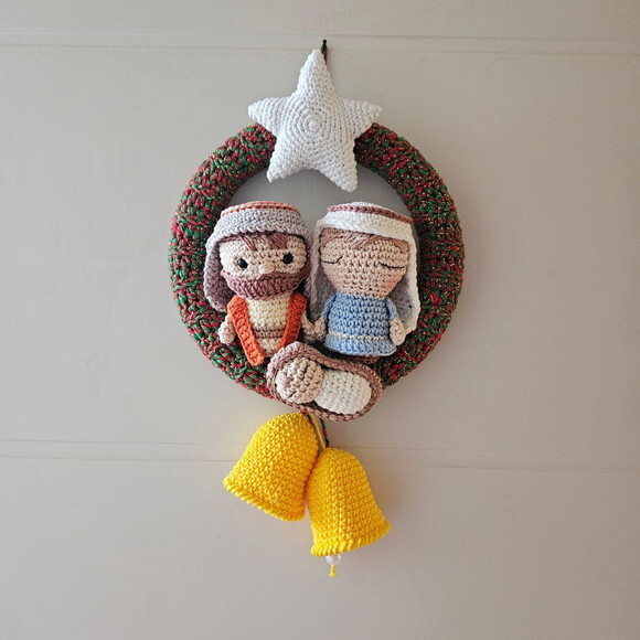 Guirlanda de Natal Amigurumi Sagrada Familia Estrela Brilha