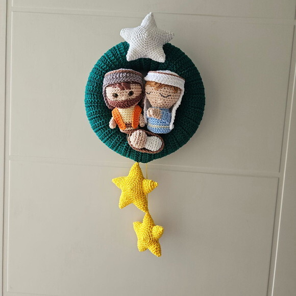 Guirlanda de Natal Amigurumi Sagrada Familia Estrela Brilha