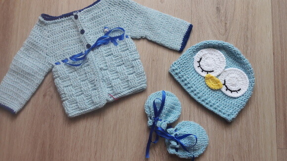 Kit Bebe Touca, Luvas E Casaquinho De Croche Corujinha Baby