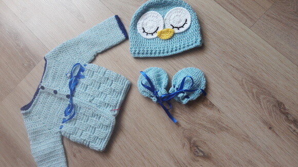 Kit Bebe Touca, Luvas E Casaquinho De Croche Corujinha Baby