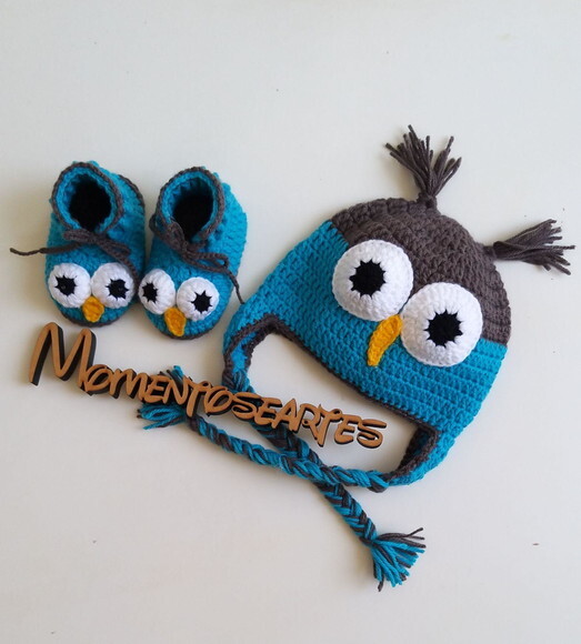 Touca de Croche e sapatinho corujinha baby bluegray