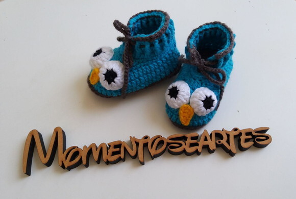 Touca de Croche e sapatinho corujinha baby bluegray