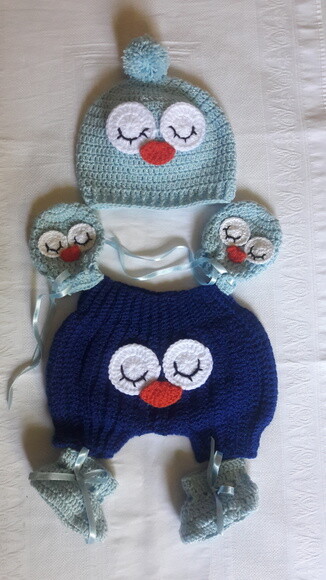 Touca luvas, short e sapato de Croche corujinha baby pompom