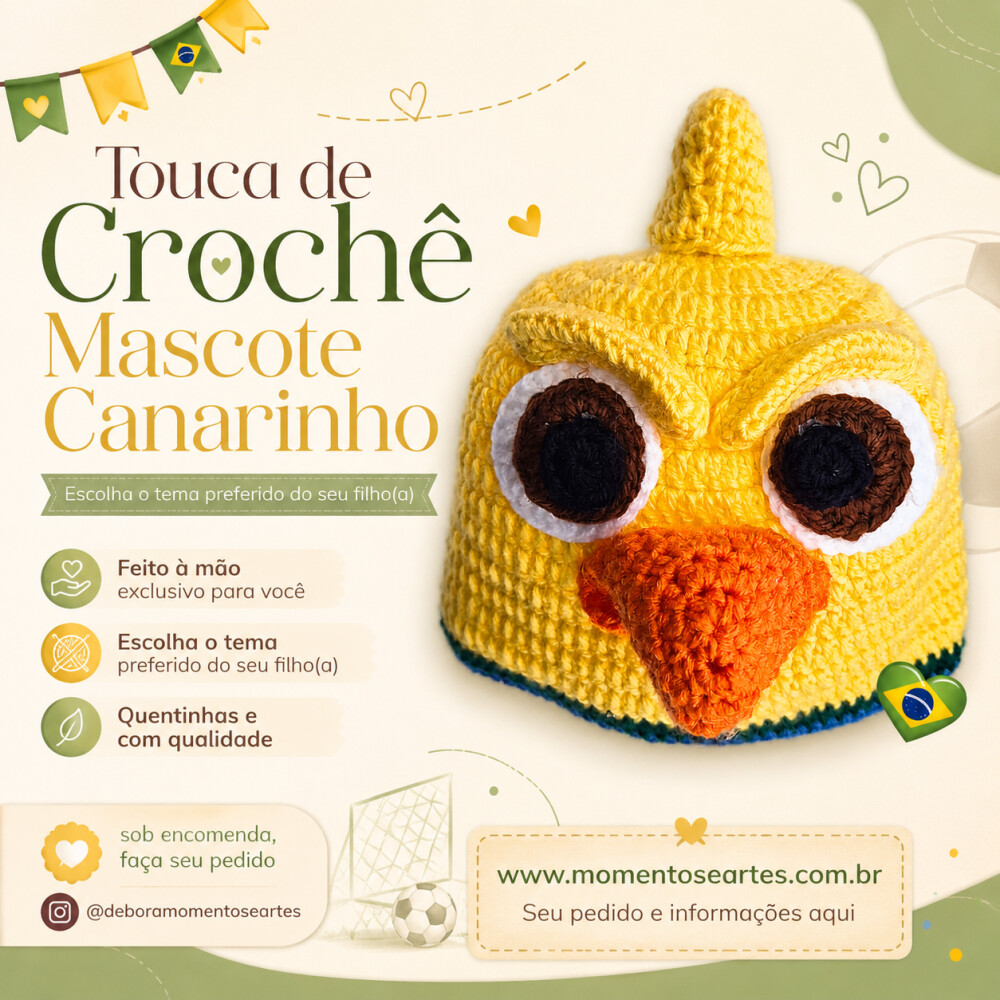 Toucas de crochê divertidas Canarinho Mascote copa 2026
