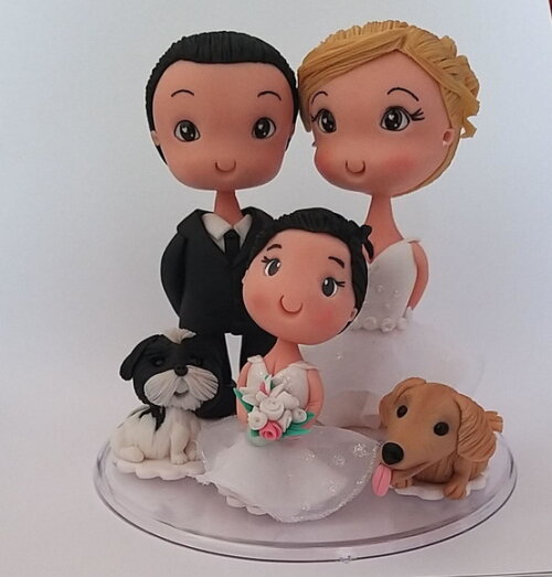 Topo de Bolo Casal e Daminha com Pet Fofinho Biscuit