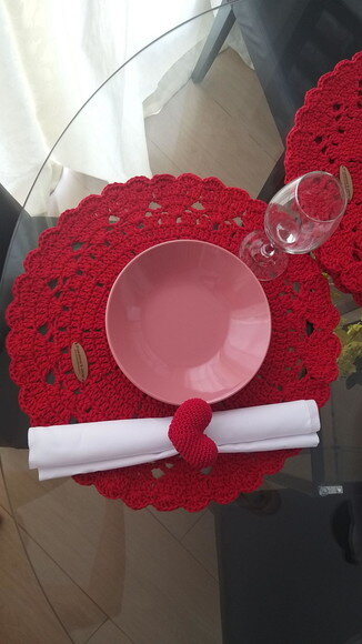 6 Souplast de Crochê Detalhe Coração c/ Porta Guardanapos