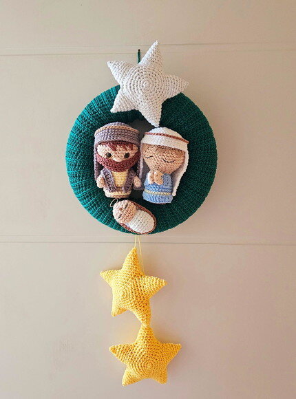 Guirlanda de Natal Amigurumi Sagrada Familia Estrela Brilha