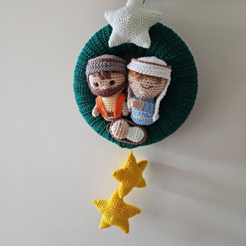 Guirlanda de Natal Amigurumi Sagrada Familia Estrela Brilha