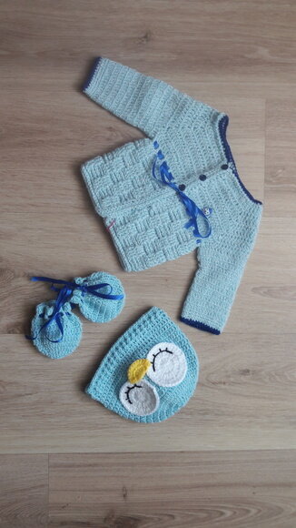Kit Bebe Touca, Luvas E Casaquinho De Croche Corujinha Baby