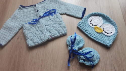 Kit Bebe Touca, Luvas E Casaquinho De Croche Corujinha Baby