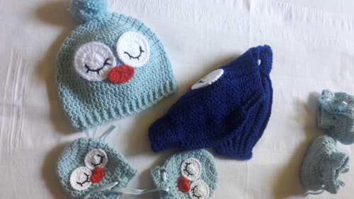 Touca luvas, short e sapato de Croche corujinha baby pompom