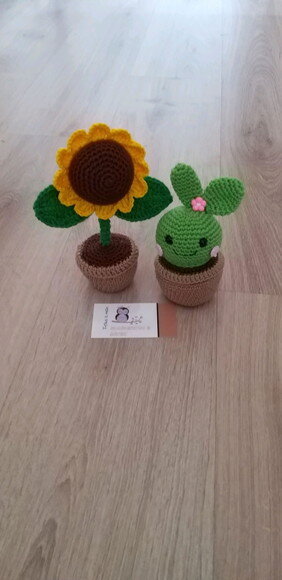 Vaso de Girassol e Cactus Crochê Amigurumi
