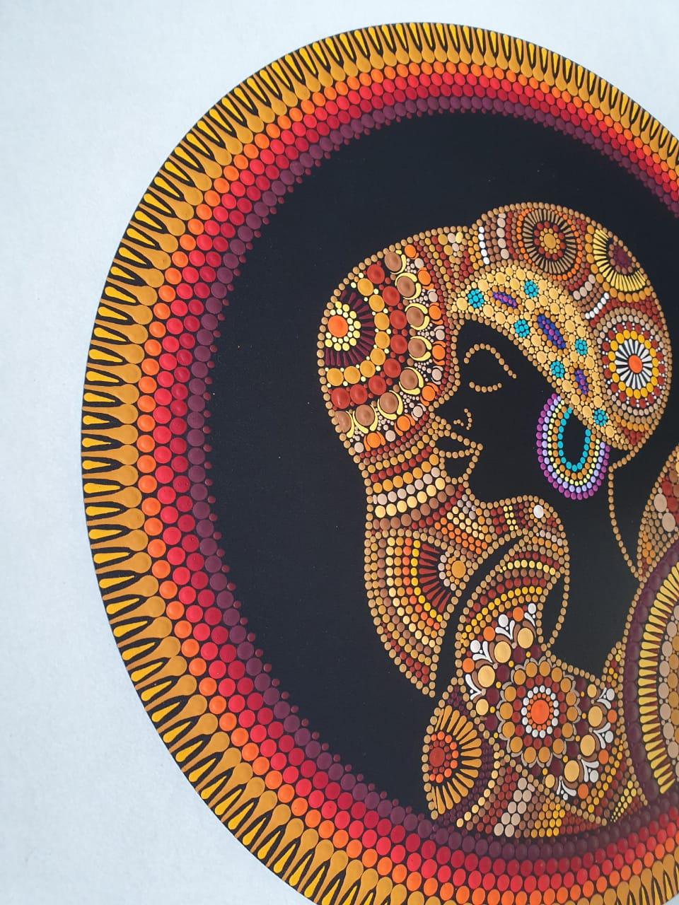 Mandala Africana Pintada à Mão em mdf - pontilhismo - 40cm