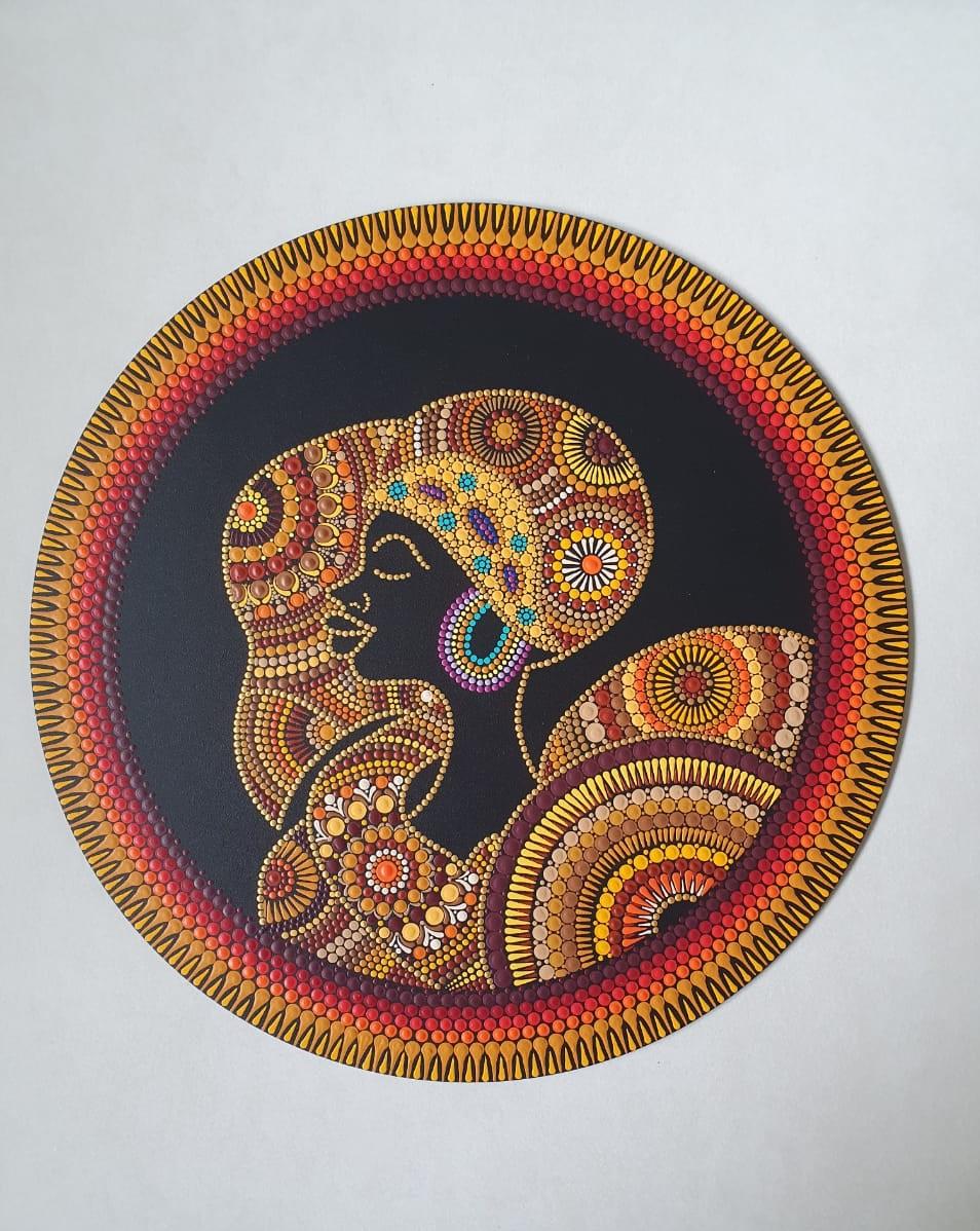 Mandala Africana Pintada à Mão em mdf - pontilhismo - 40cm