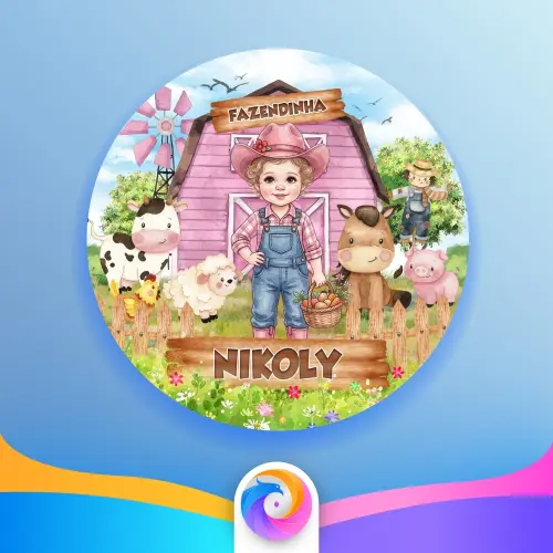 Fazendinha (rosa) com Mascote - Arte redonda