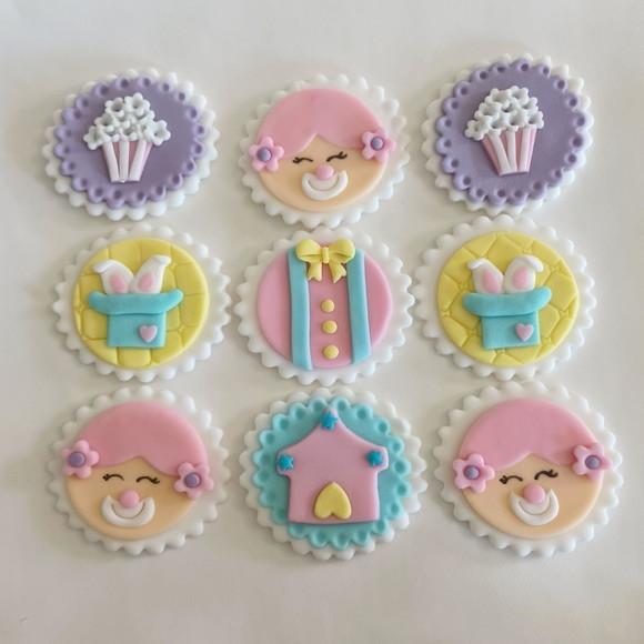 10 Apliques de Açúcar Cupcakes 6cm Circo Rosa
