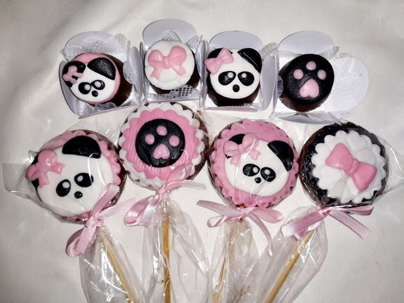 Kit 40 Apliques de Açúcar Panda Rosa