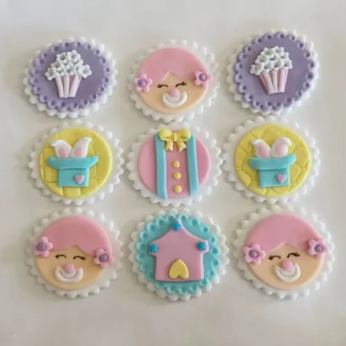 10 Apliques de Açúcar Cupcakes 6cm Circo Rosa