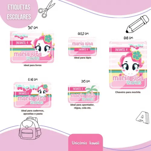 Arquivo de Corte Etiqueta Escolar Unicornio Kawai