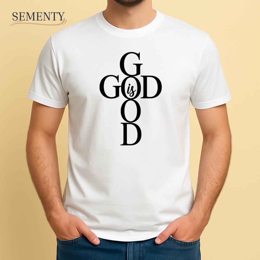 Camiseta Cristã Branca com Estampa God is Good em Formato de Cru