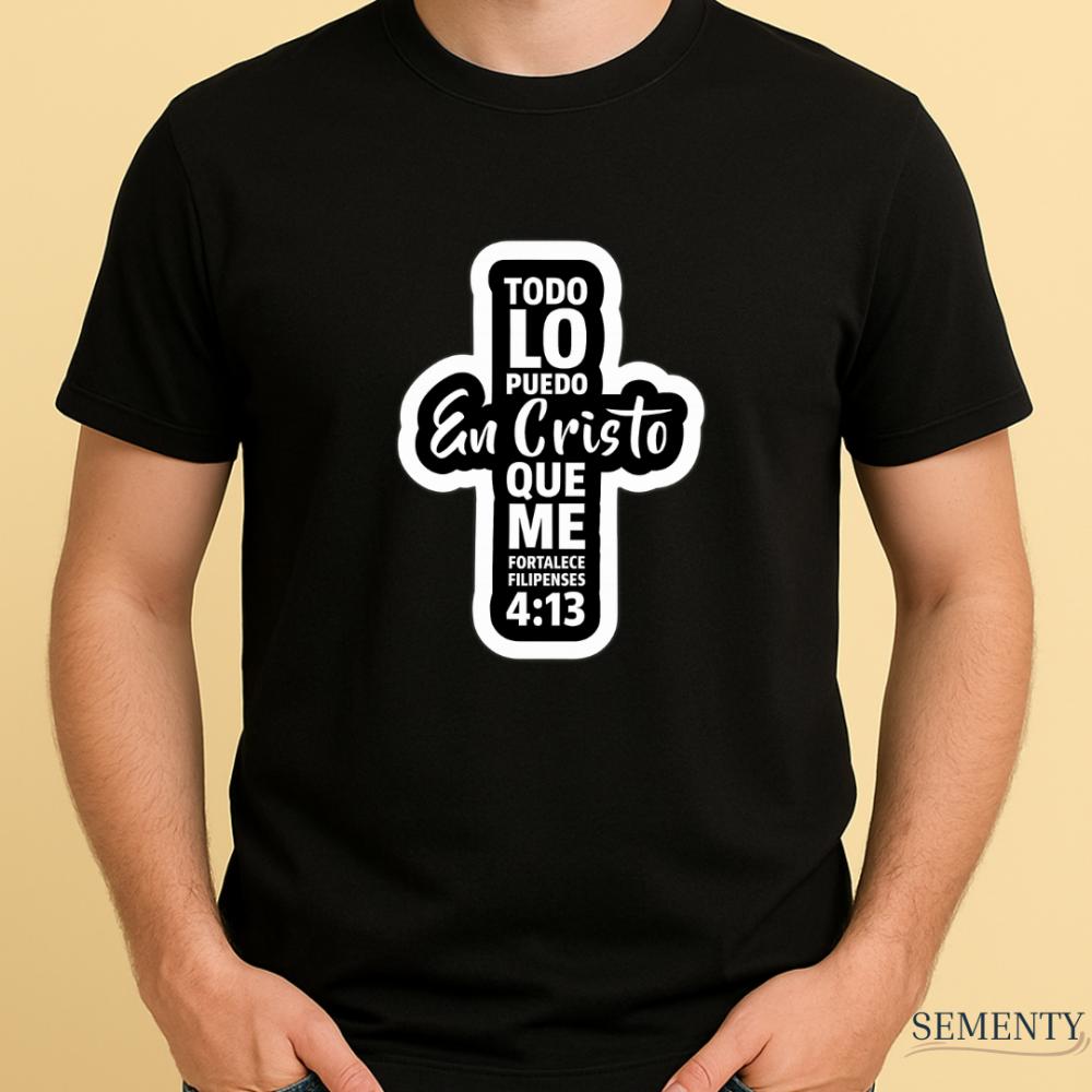 Camiseta Cristã Branca Todo lo Puedo en Cristo com Versículo de