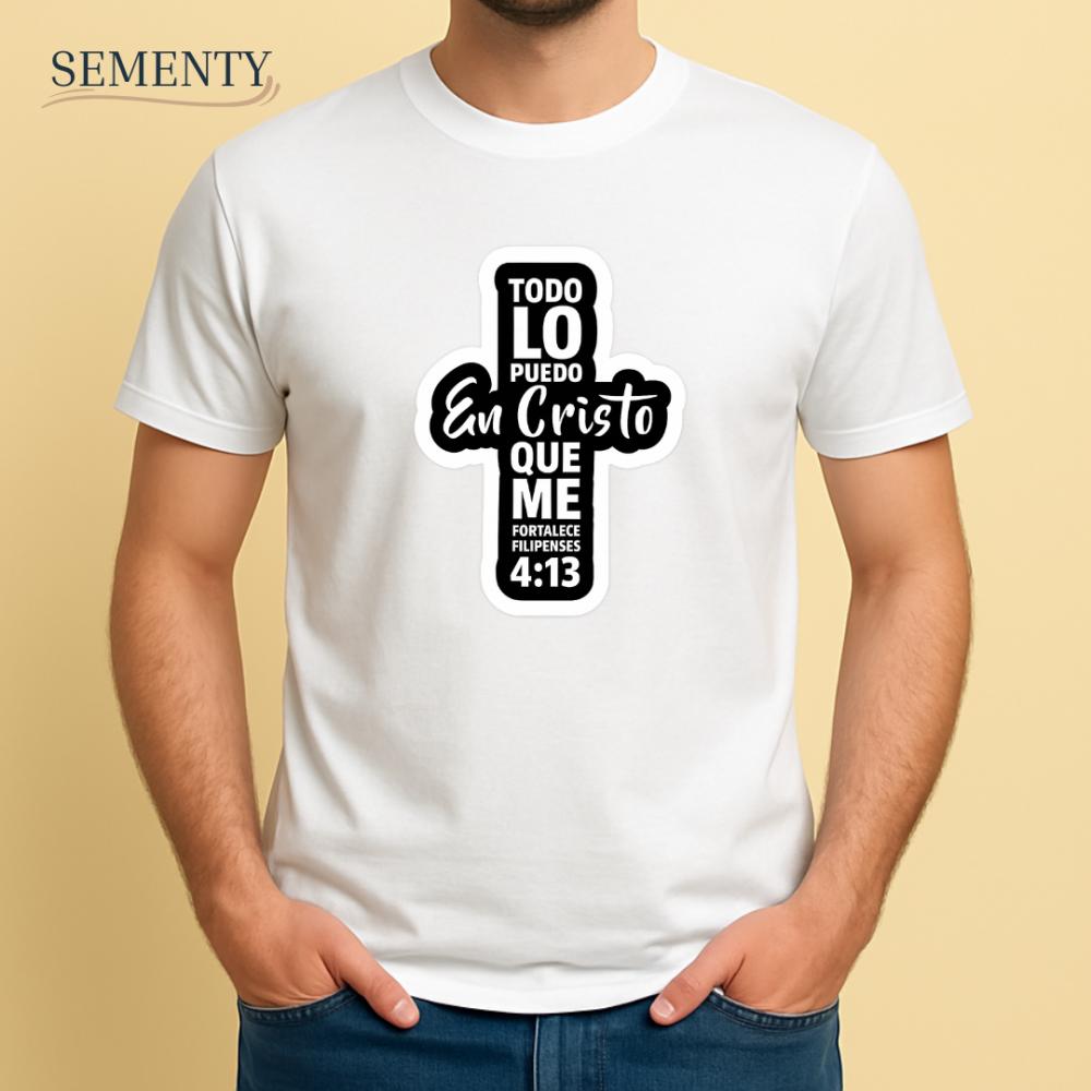 Camiseta Cristã Branca Todo lo Puedo en Cristo com Versículo de