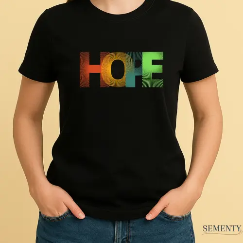 Camiseta Preta Estilizada com Estampa HOPE Colorida – Esperança, Fé e Estilo em Uma Só Peça