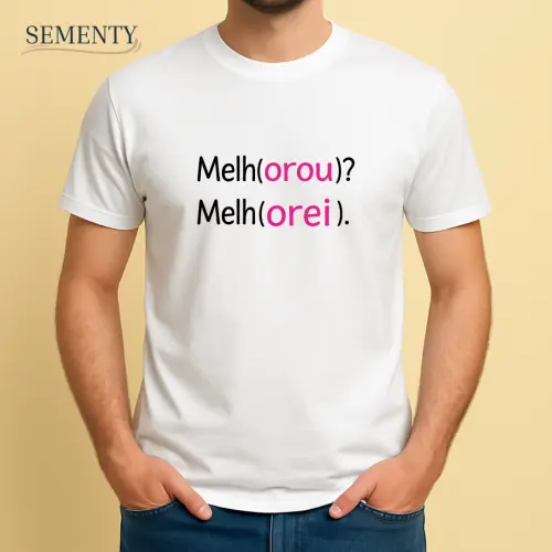 Camiseta Cristã Melhorou? Melhorei com Jogo de Palavras – Fé e Bom Humor em Estilo Minimalista