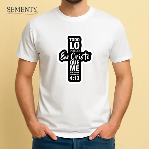 Camiseta Cristã Branca Todo lo Puedo en Cristo com Versículo de