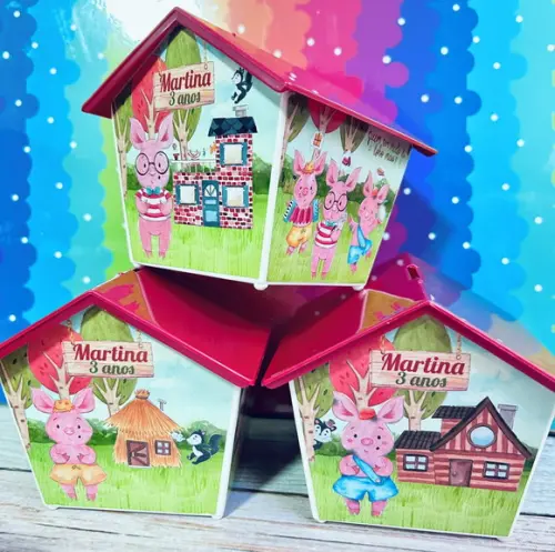 30 Casinha Cofre Personalizada Três Porquinhos Aquarela