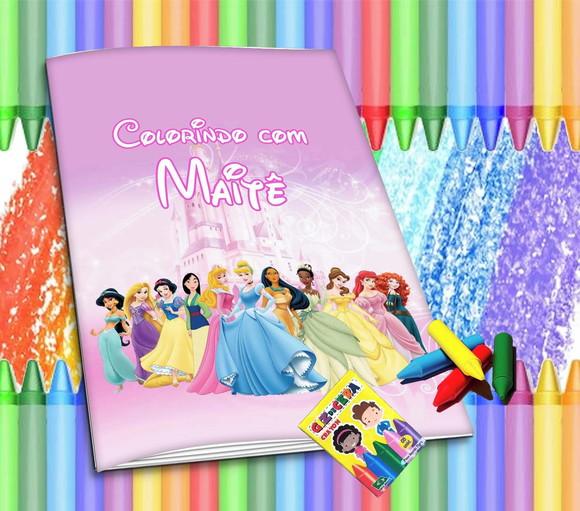 Revistinha para Colorir Personalizad Princesas + Giz de Cera