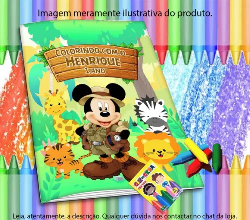 Revistinha p/ Colorir Personaliz Mickey Safari + Giz de Cera
