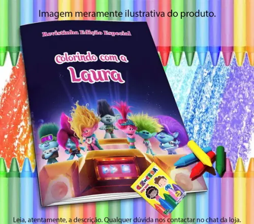Revistinha para Colorir Personalizada Trolls + Giz de Cera