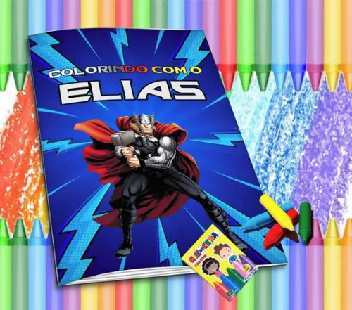 Revistinha p/ Colorir Personalizada Thor + Giz de Cera
